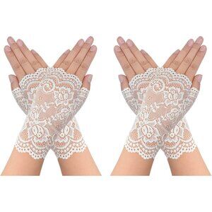 Women's 2 Pairs White Lace Fingerless Gloves Party Prom Costume Accessories
